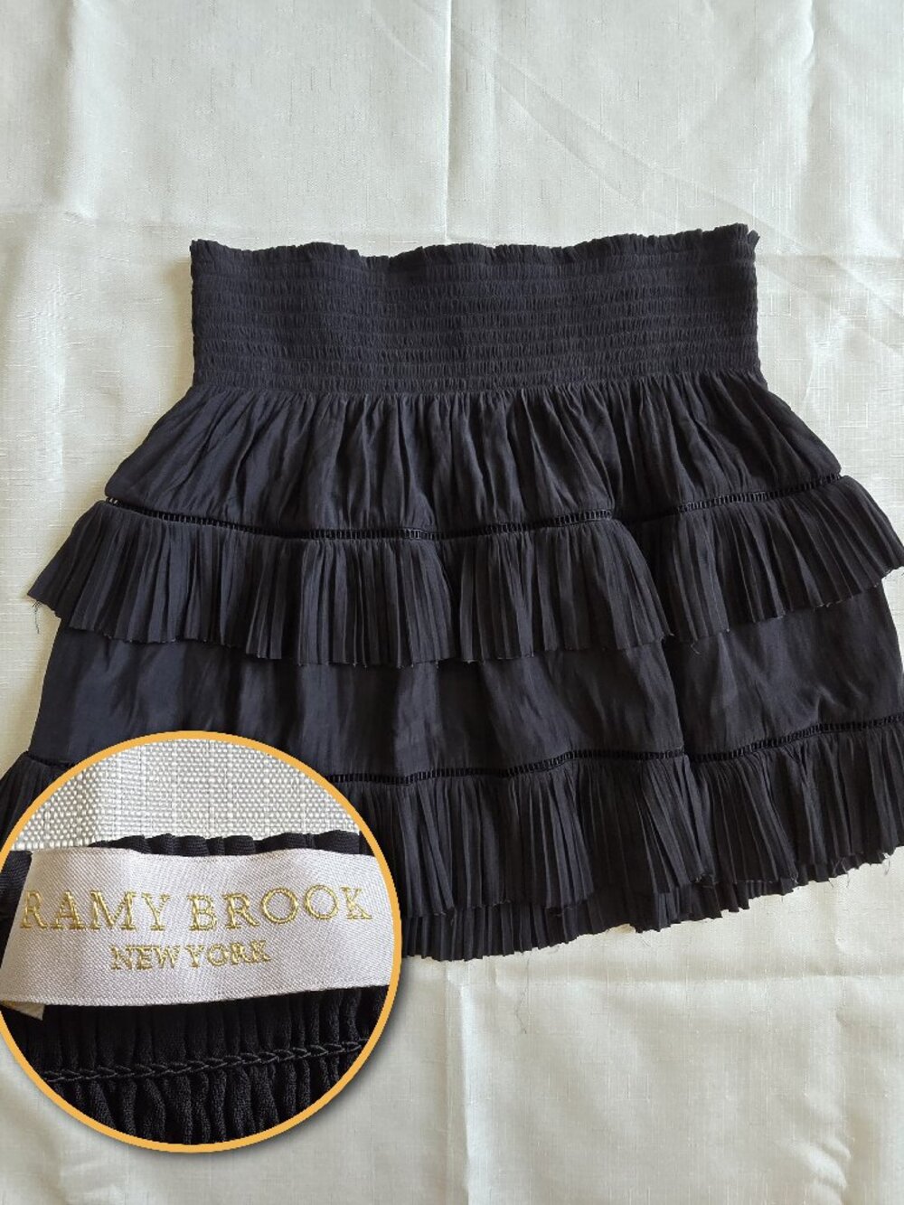 RAMY BROOK Tiered Ruffle Mini Skirt Smocked Waist Black Size M